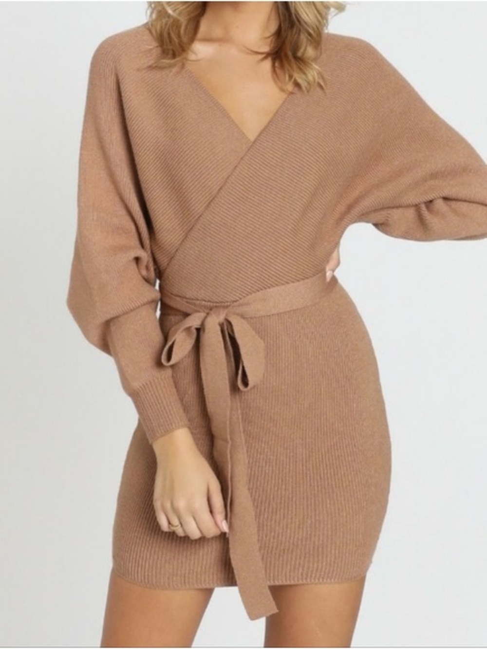 Francesca’s Mi Ami Wrap Knit Belted Sweater Dress in Camel